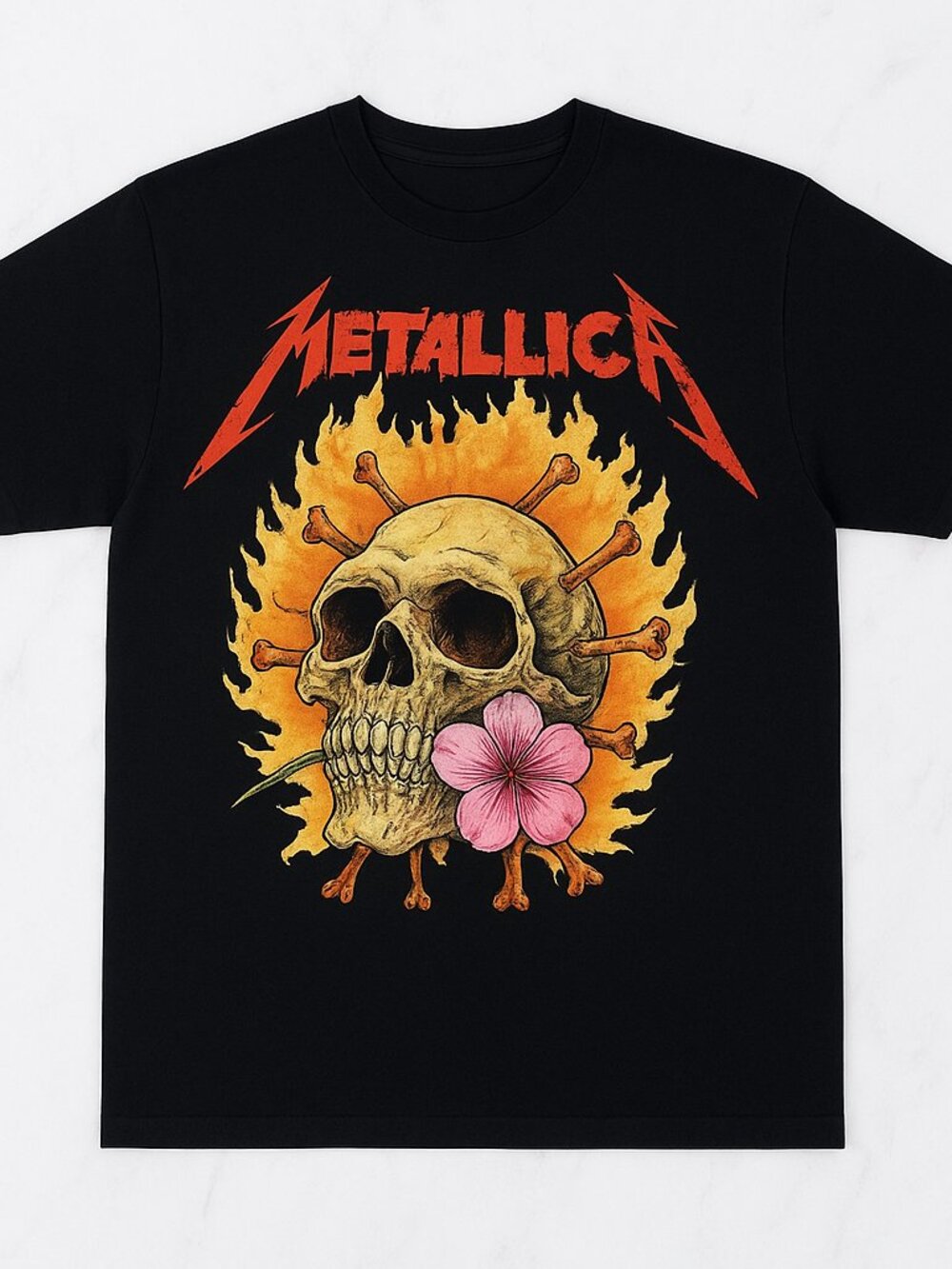Metallica Pushead Flaming Skull Flower Graphic Tee Black